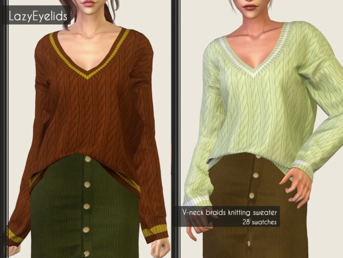 Sims 4 V neck braids knitting sweater + Ribbed velvet skirt at LazyEyelids