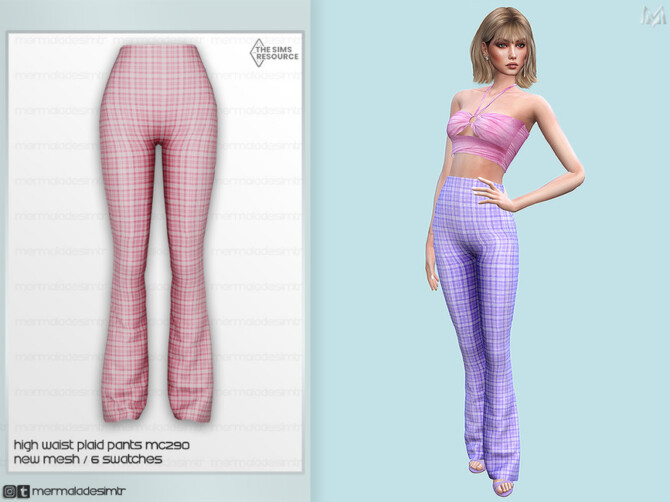 Sims 4 High Waist Plaid Pants MC290 by mermaladesimtr at TSR