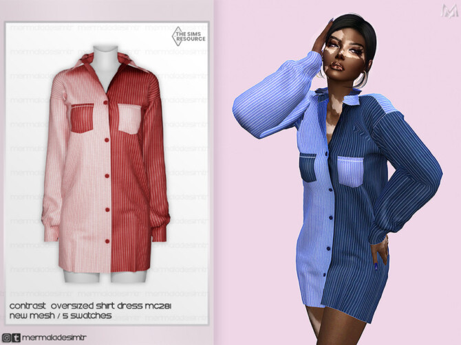 Sims 4 Contrast Oversized Shirt Dress MC281 by mermaladesimtr at TSR