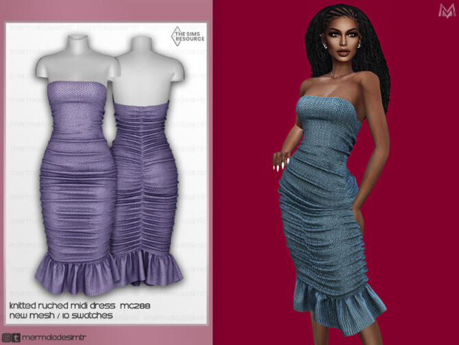 Sims 4 Knitted Ruched Midi Dress MC288 by mermaladesimtr at TSR