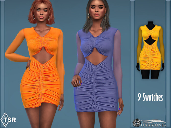 Sims 4 Ruched Mesh Long Sleeve Cutout Mini Dress by Harmonia at TSR