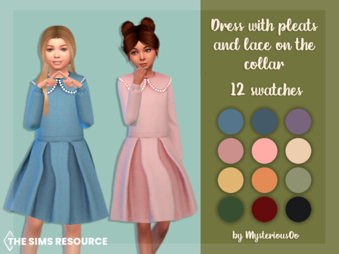 Sims 4 Dress with pleats and lace on the collar by MysteriousOo at TSR