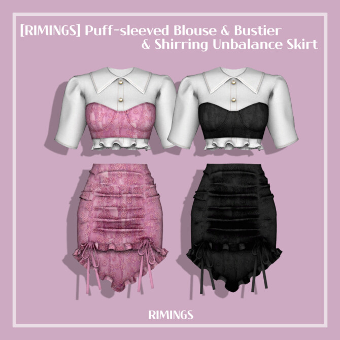 Sims 4 Puff sleeved Blouse & Bustier & Shirring Unbalance Skirt at RIMINGs