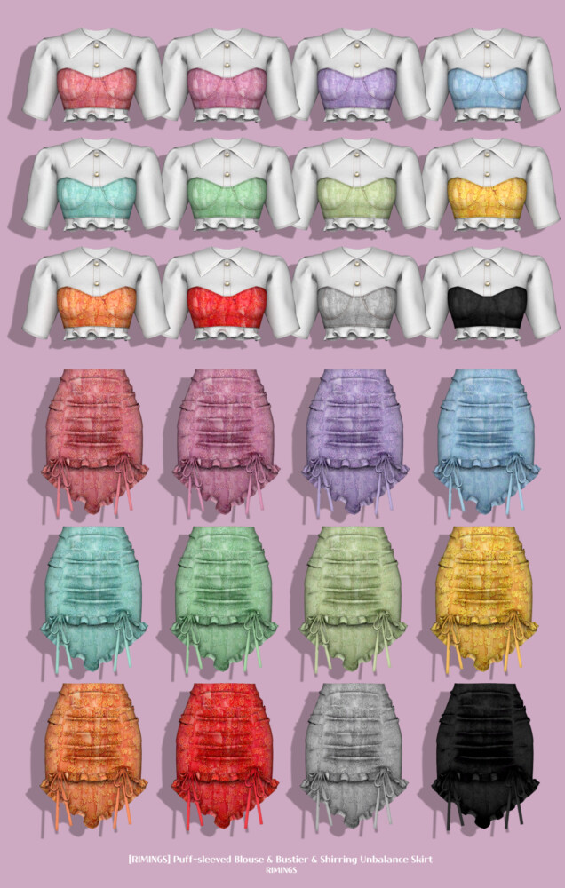 Sims 4 Puff sleeved Blouse & Bustier & Shirring Unbalance Skirt at RIMINGs