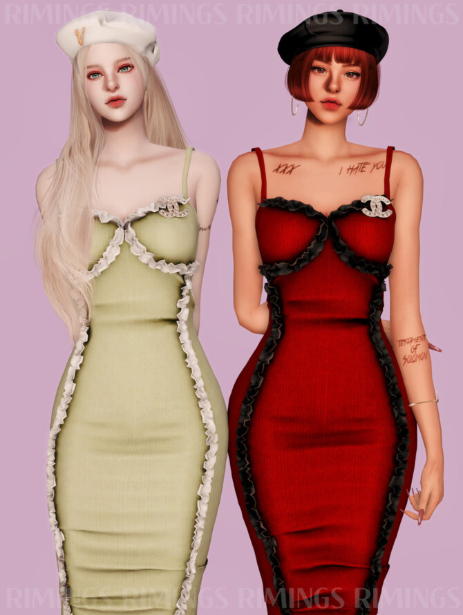 Sims 4 Brooch & Ribbed Frill Tight Dress at RIMINGs