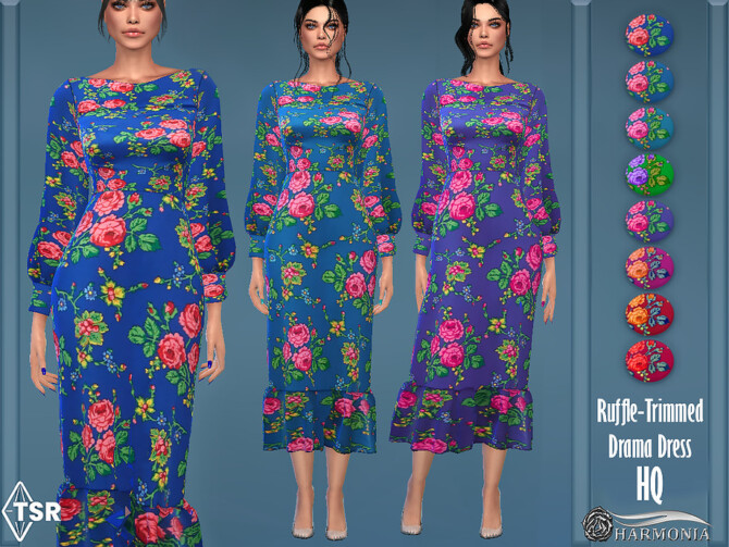 Sims 4 Ruffle trimmed Drama Dress by Harmonia at TSR
