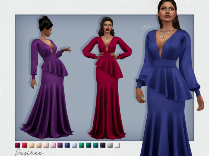 Sims 4 Desiree elegant low cut peplum mermaid gown by Sifix at TSR