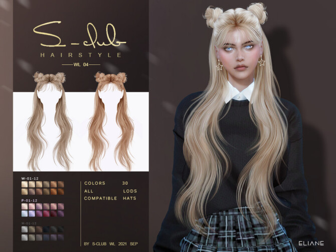 Sims 4 Long straight hair with buns (ELIANE) by S Club at TSR