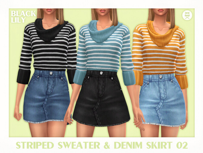 Sims 4 Striped Sweater & Denim Skirt 02 by Black Lily at TSR