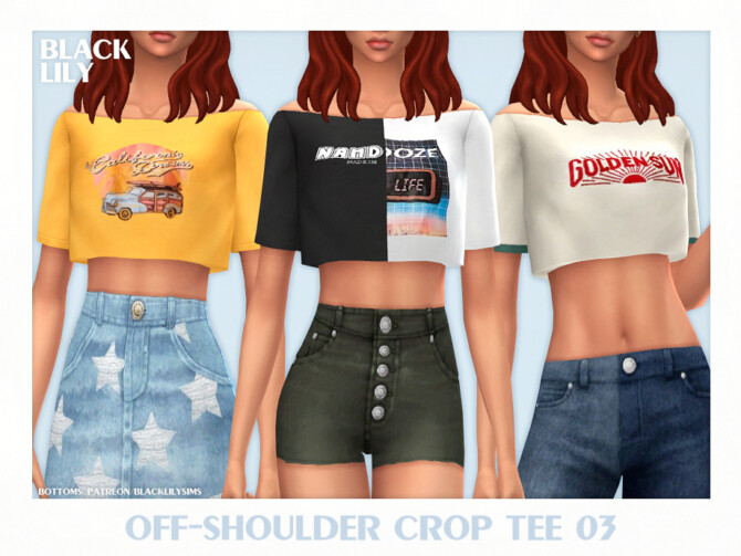 Sims 4 Off Shoulder Crop Tee 03 by Black Lily at TSR