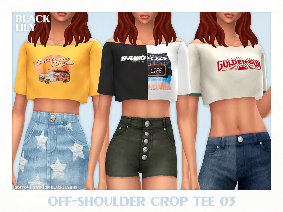 Off-Shoulder Crop Tee 03 by Black Lily at TSR » Sims 4 Updates