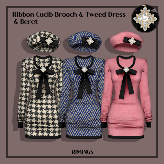 Sims 4 Ribbon Cucib Brooch & Tweed Dress & Beret at RIMINGs