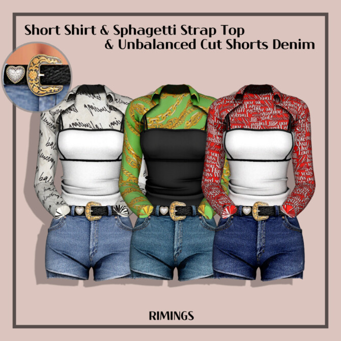 Sims 4 Short Shirt & Spaghetti Strap Top & Denim Shorts at RIMINGs