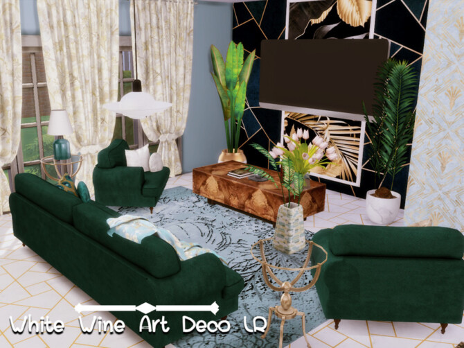 Sims 4 White Wine Art Deco Livingroom by GenkaiHaretsu at TSR