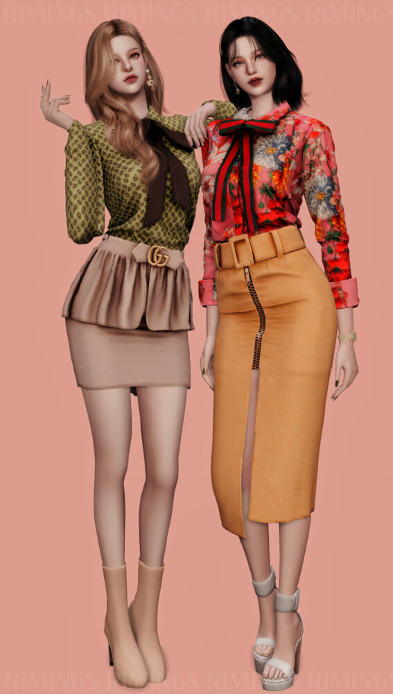 Sims 4 Ribbon Pattern Blouse & Skirt Set at RIMINGs