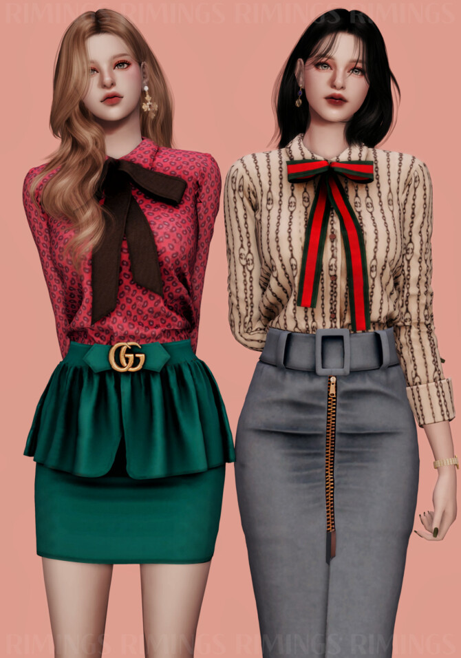 Sims 4 Ribbon Pattern Blouse & Skirt Set at RIMINGs