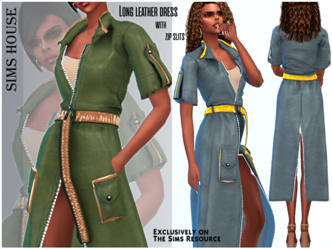 Sims 4 Long leather dress with zip slits by Sims House at TSR