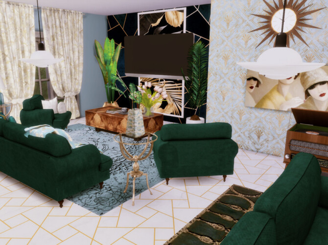 Sims 4 White Wine Art Deco Livingroom by GenkaiHaretsu at TSR