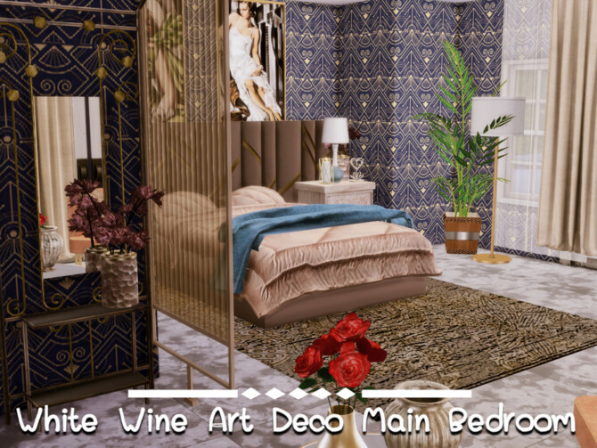 Sims 4 White Wine Art Deco Main Bedroom by GenkaiHaretsu at TSR