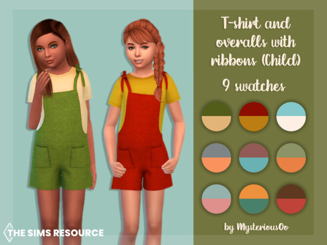 Sims 4 T shirt and overalls with ribbons Child by MysteriousOo at TSR