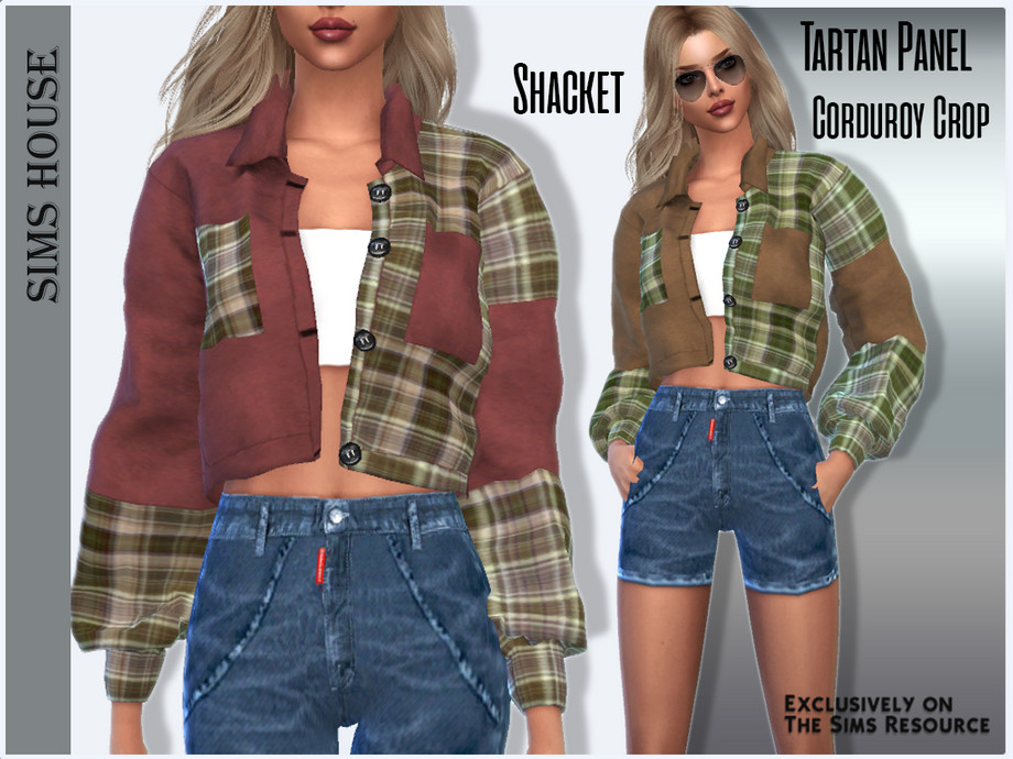 Tartan Panel Corduroy Crop Shacket by Sims House at TSR » Sims 4 Updates