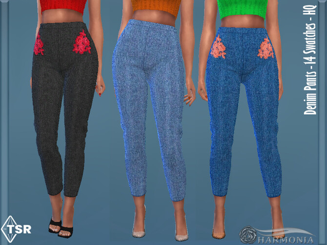 Sims 4 Petite Embroidered Denim Pants by Harmonia at TSR