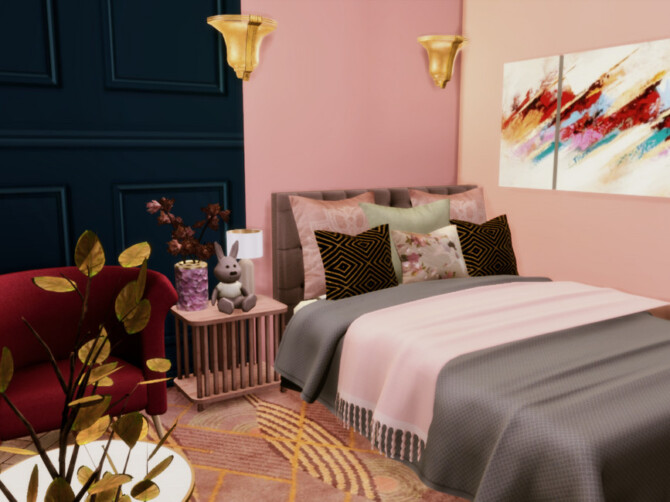 Sims 4 White Wine Art Deco Pink Teen Bedroom by GenkaiHaretsu at TSR