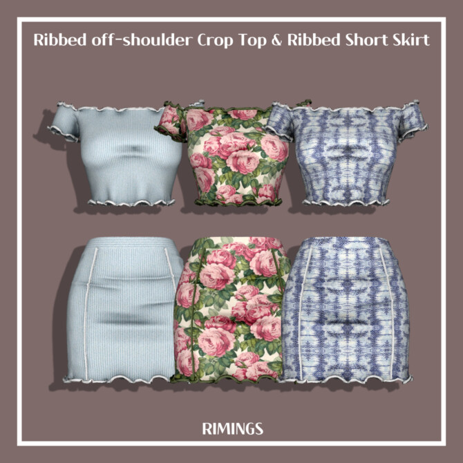 Sims 4 Ribbed off shoulder Crop Top & Short Skirt at RIMINGs