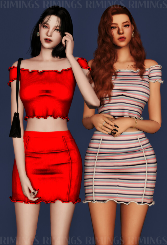 Sims 4 Ribbed off shoulder Crop Top & Short Skirt at RIMINGs