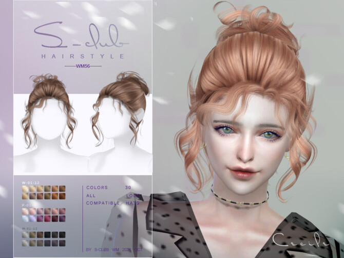 Sims 4 Curly bun hairstyle (Cecile) by S Club WM at TSR