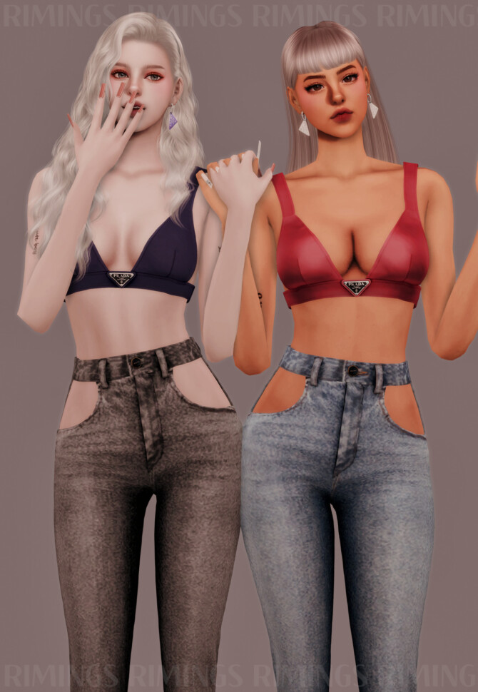 Sims 4 Sleeveless Crop Top & Unique Jeans & Earring at RIMINGs