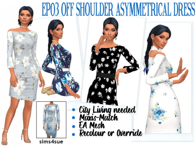 Sims 4 EP03 OFF SHOULDER ASYMMETRICAL DRESS at Sims4Sue