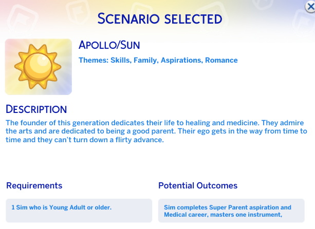 Sims 4 Greek God Challenge Scenarios: Apollo/Sun by DaleRune at Mod The Sims 4