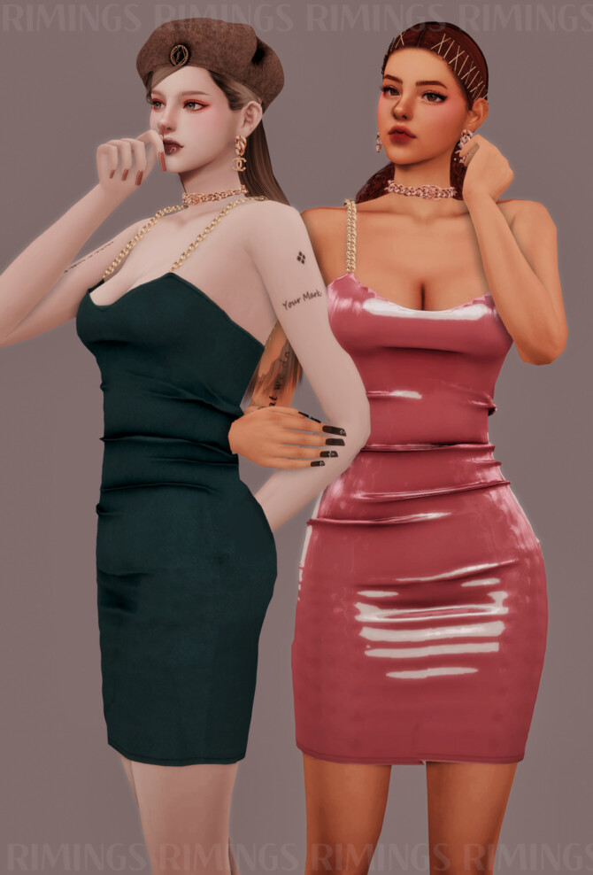 Sims 4 Chain Earrings & Necklace & Chain Strap Tight Dress at RIMINGs
