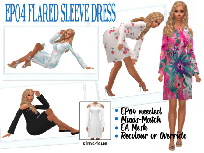 Sims 4 EP04 FLARED SLEEVE DRESS at Sims4Sue