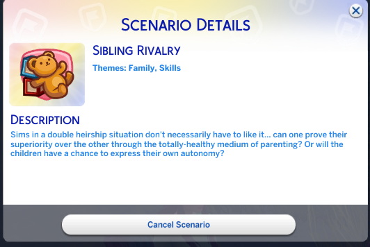 Sims 4 Custom Scenario: Sibling Rivalry by DaleRune at Mod The Sims 4