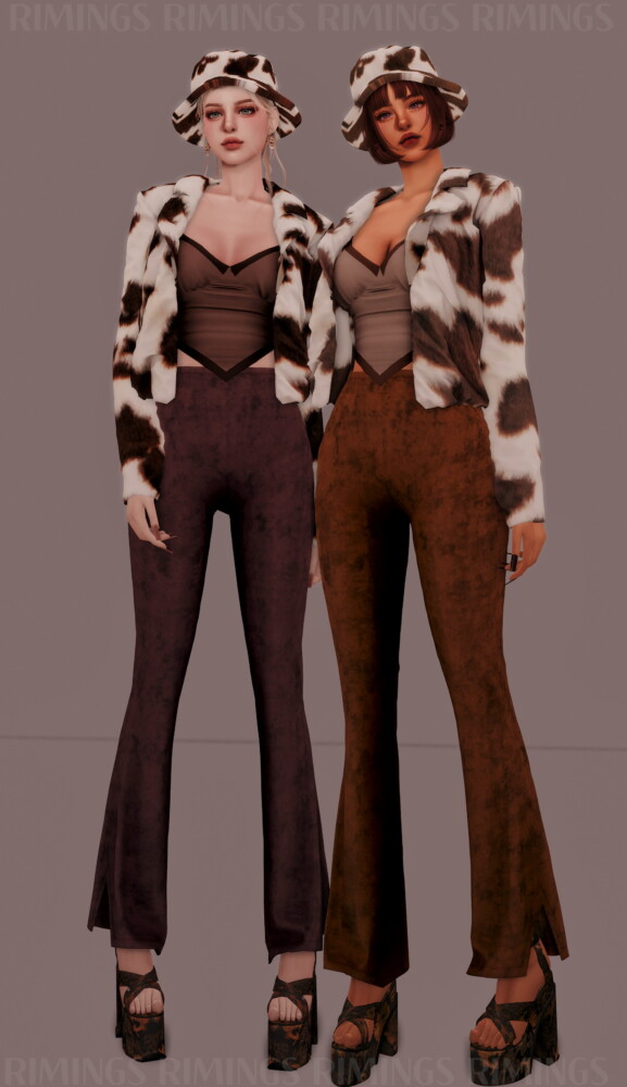 Sims 4 Fur jacket & Fur Hat & Bell bottom Pants at RIMINGs