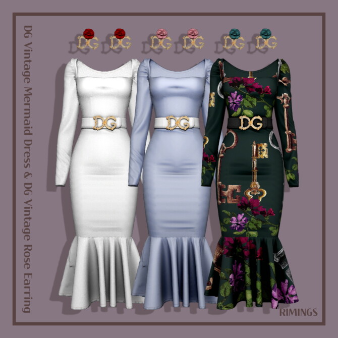 Sims 4 Vintage Mermaid Dress & DG Vintage Rose Earrings at RIMINGs