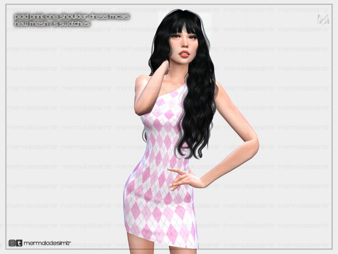 Sims 4 Plaid Print One Sholder Dress MC31 by mermaladesimtr at TSR