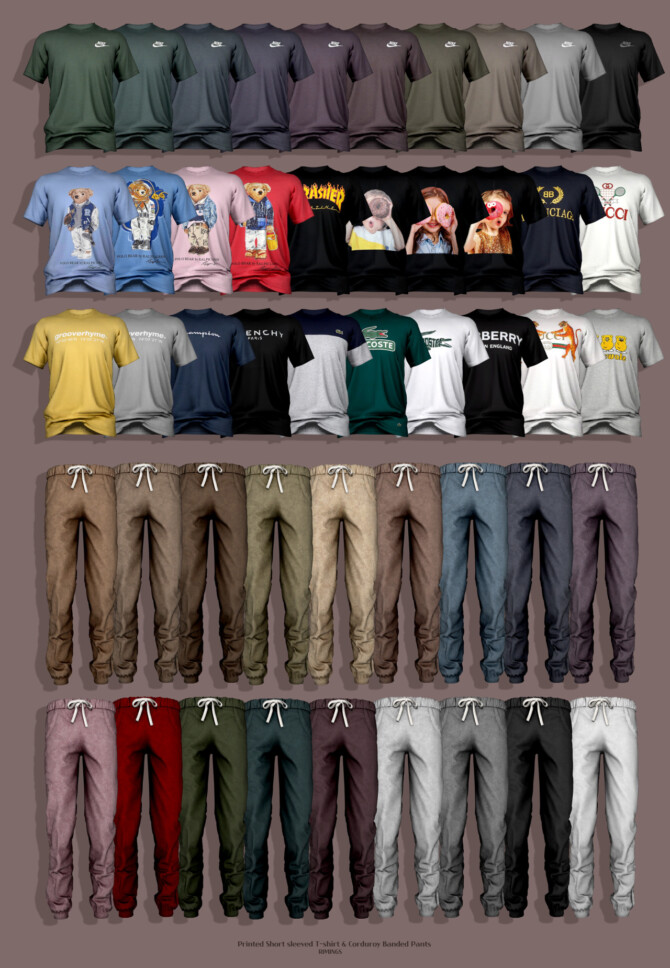 Sims 4 Printed Short sleeved T shirt & Corduroy Banded Pants at RIMINGs