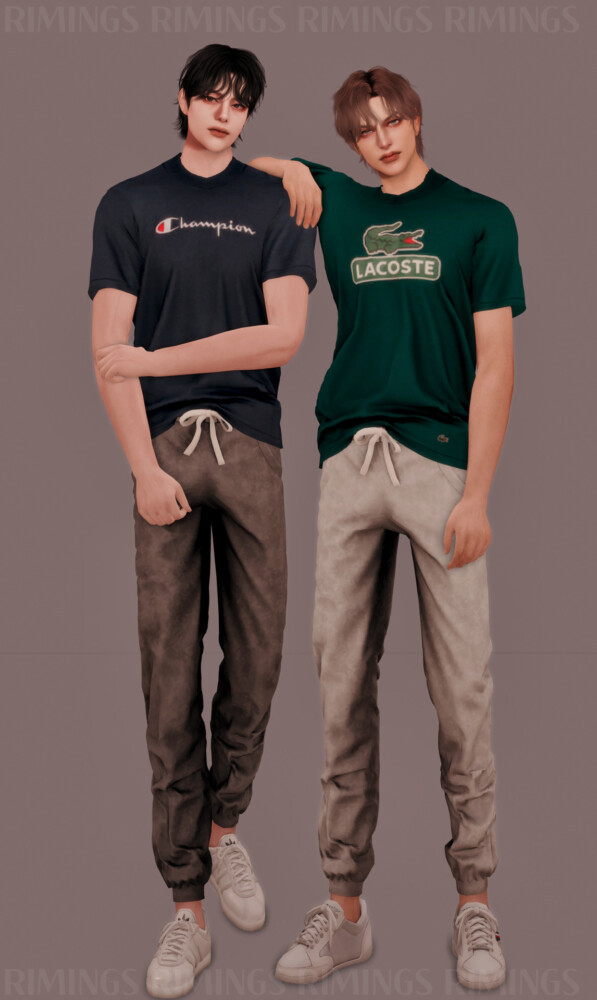 Sims 4 Printed Short sleeved T shirt & Corduroy Banded Pants at RIMINGs