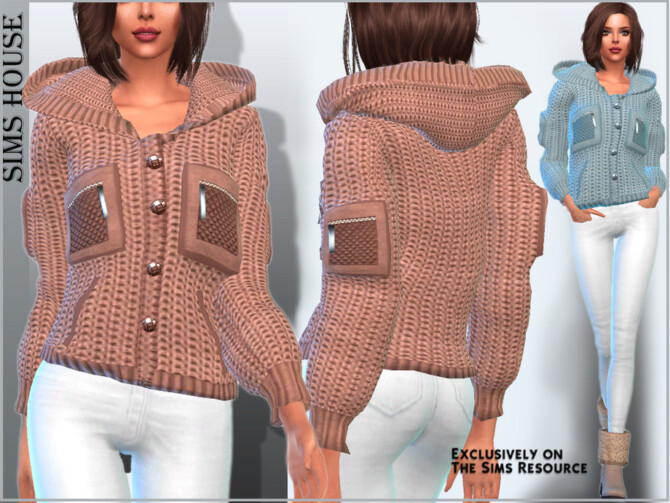 Sims 4 Womens knitted hooded jacket by Sims House at TSR