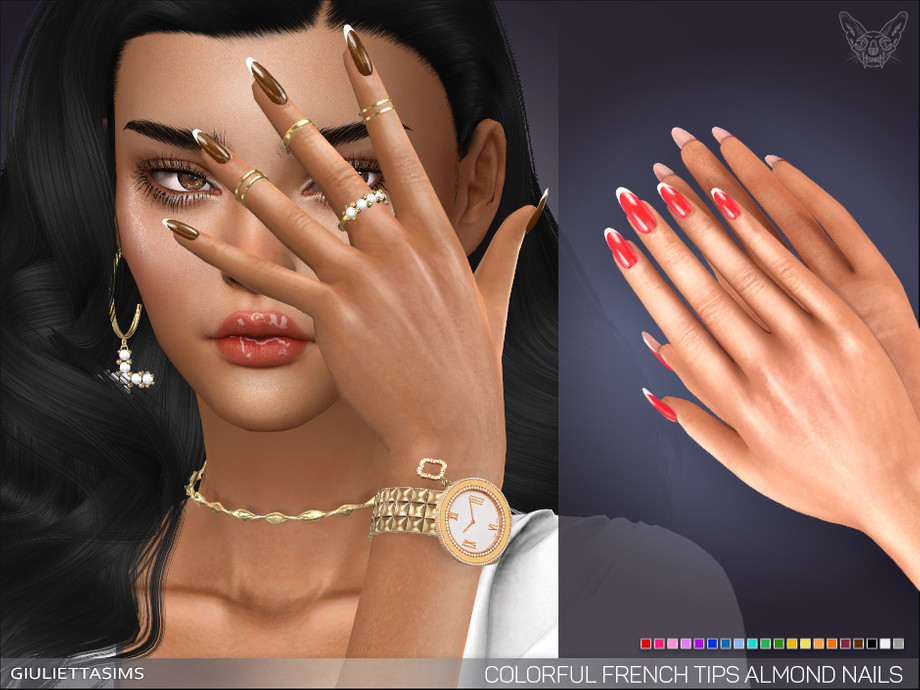 Colorful French Tips Almond Nails by feyona at TSR » Sims 4 Updates