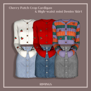 Cherry Patch Crop Cardigan & High-waist mini Denim Skirt at RIMINGs