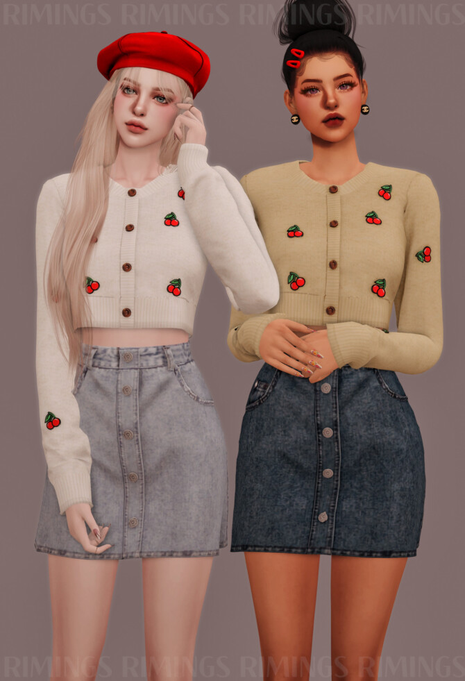 Sims 4 Cherry Patch Crop Cardigan & High waist mini Denim Skirt at RIMINGs