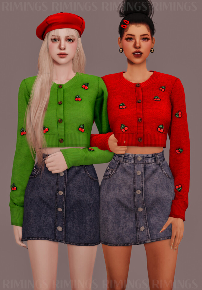 Sims 4 Cherry Patch Crop Cardigan & High waist mini Denim Skirt at RIMINGs