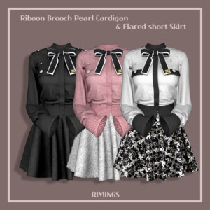 Riboon Brooch Pearl Cardigan & Flared short Skirt at RIMINGs