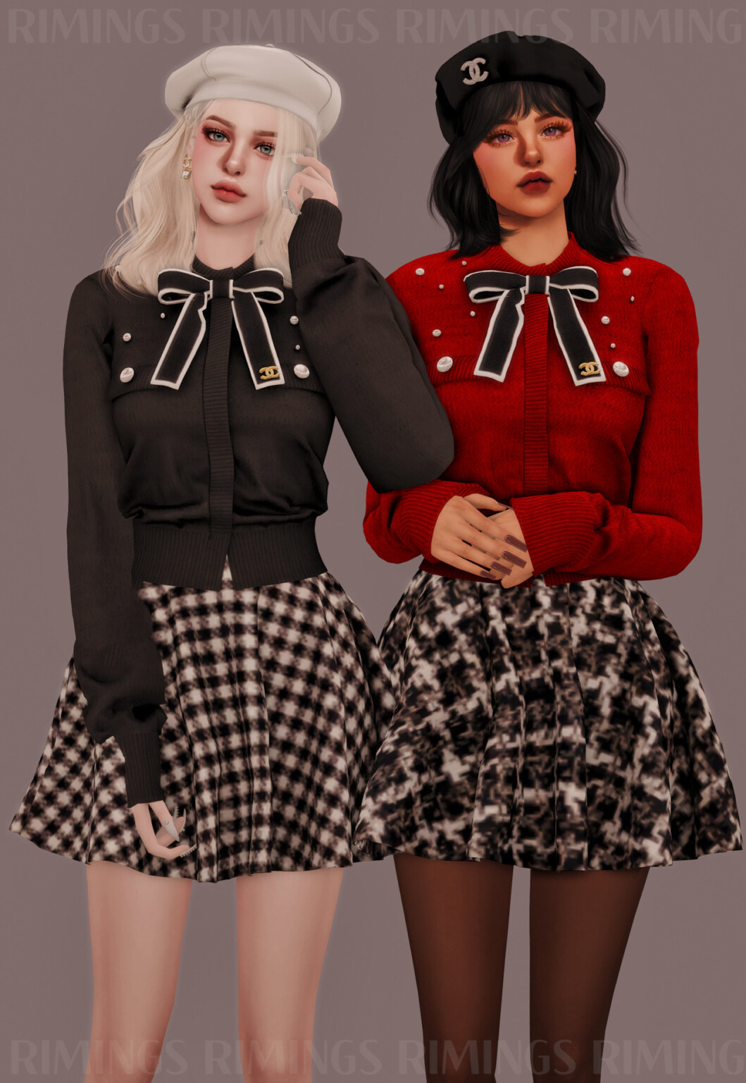 Riboon Brooch Pearl Cardigan & Flared short Skirt at RIMINGs » Sims 4 ...