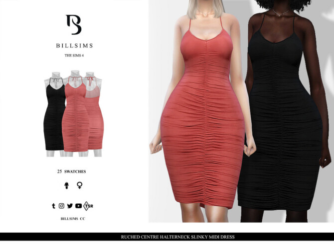 Sims 4 Ruched Centre Halterneck Slinky Midi Dress by Bill Sims at TSR