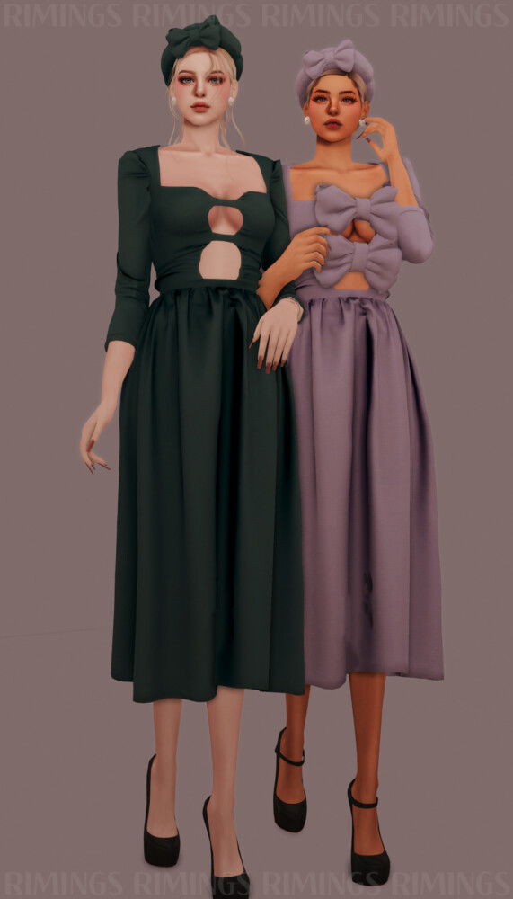 Sims 4 Split Long Dress & Ribbon Beret at RIMINGs